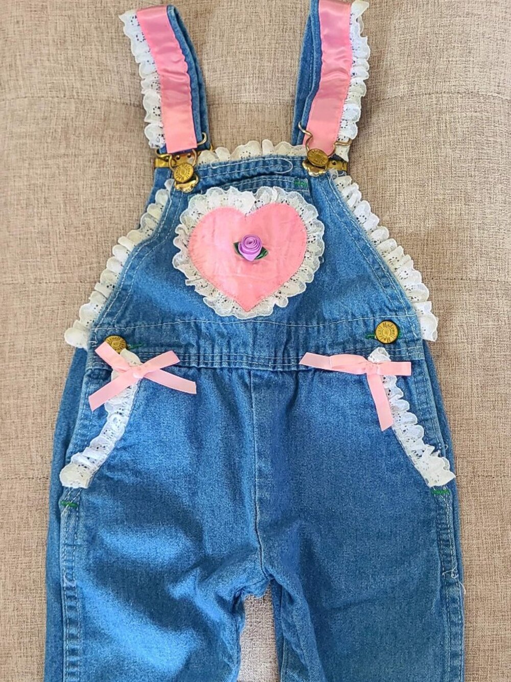 Vintage Madewell Lace Trimmed Pink Heart Rose Baby/Toddler Denim Overalls 18 Mo